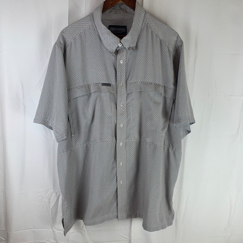 Panhandle Performance Shirt Mens XL White Brown Blue Geo Medallion Vented Back